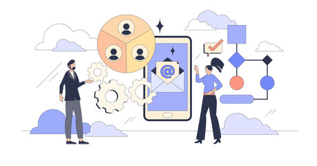 Automated business email marketing solutions tiny person neubrutalism concept, transparent background.