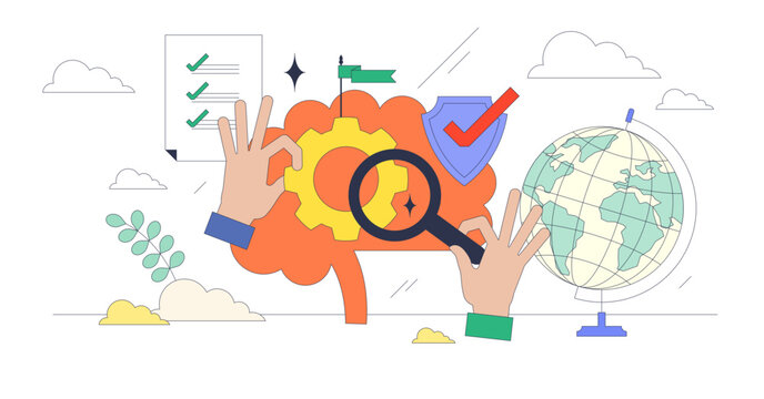 Artificial intelligence global governance tiny person neubrutalism concept, transparent background. AI leadership and management to protect user data, information and safety illustration.