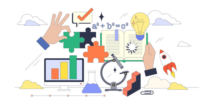 Educational STEM and practical learning tiny person neubrutalism concept, transparent background. Science, mathematics, engineering and chemistry combination.