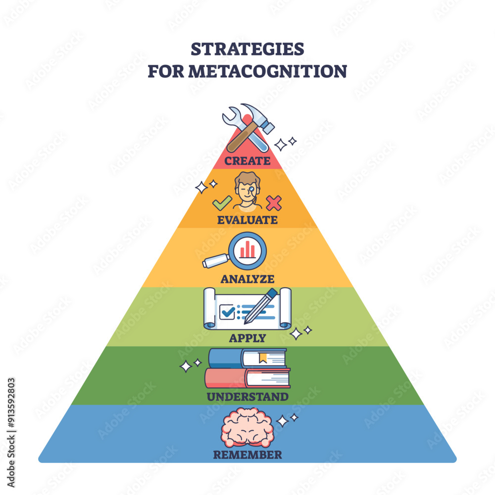 Poster strategies for metacognition to think about studying process outline diagram, transparent background