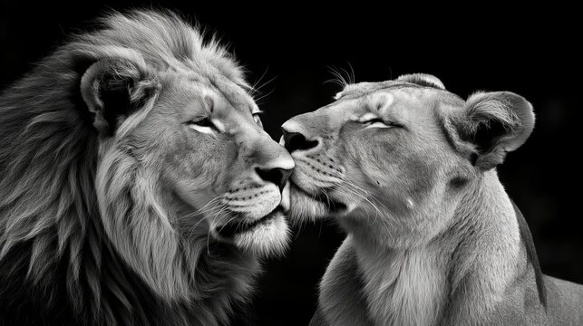 A pair of lions share a tender moment, their faces close together against a dramatic black background.