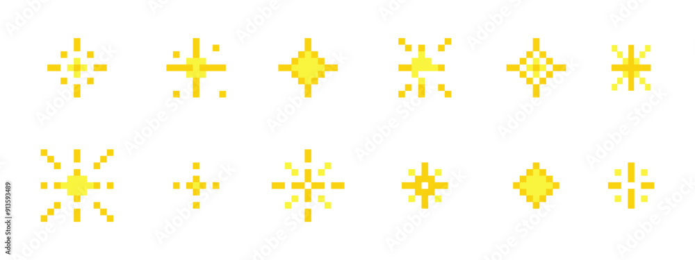 Poster pixel star retro 8 bit sparkle set. shiny game pixel art effect set. firework burst, space decoratio