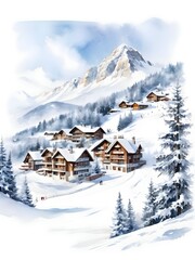 Watercolor Ski Resort Landscape Art