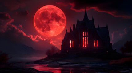 Gothic castle illuminated by red moon.