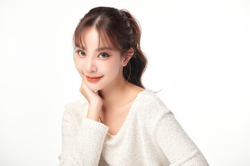 Fototapeta premium Beautiful young asian woman with clean fresh skin on white background, Face care, Facial treatment, Cosmetology, beauty and spa, Asian women portrait.