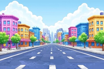 Obraz premium Cartoon City Street with Colorful Buildings and Blue Sky