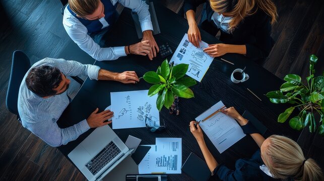 A group of four business professionals gather around a table for a meeting. They are reviewing documents and discussing business strategy.