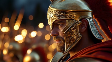 Obraz premium A Roman soldier in full armor stands at attention, his gaze fixed ahead. The image is lit by the flickering light of torches in the background.
