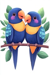 Fototapeta premium A vibrant illustration of two colorful parrots perched on a branch amidst lush green leaves, symbolizing love and harmony.