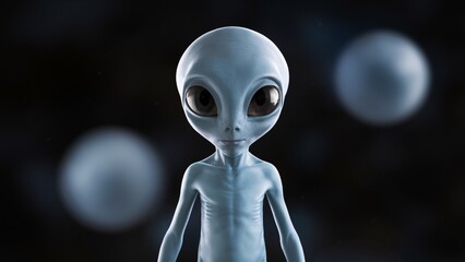 Skinny thin tiny blue alien with big head and big black eyes with blurred black background.