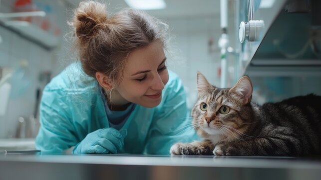 A veterinarian smiles at a cat lying on an examination table in a veterinary clinic.