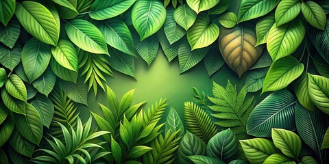 Fototapeta premium Background with leaves in various shades of green, creating a lush and natural aesthetic, foliage, nature, green