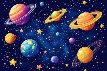 Naklejka premium Colorful Planets and Stars in Outer Space
