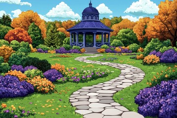 Obraz premium Stone Path Leading to a Gazebo in a Lush Garden