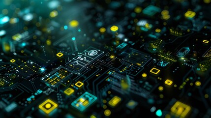 Dark background with luminous tech icons and symbols scattered throughout.