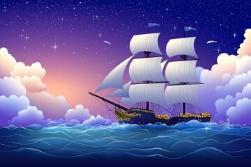 Obraz premium Sailing Ship at Sunset with Stars