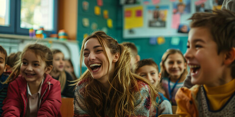 Fototapeta premium A teacher and her students are laughing together in a classroom. They are all smiling and having a good time.