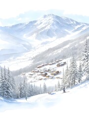 Watercolor Ski Resort Landscape Art