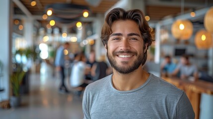Obraz premium Young Man Smiling in Trendy Café With Natural Light and Modern Decor