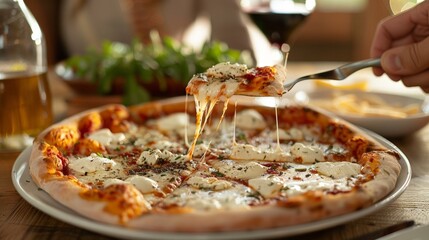 A quattro formaggi pizza with mozzarella, gorgonzola, parmesan, and fontina is being served, offering a rich and cheesy delight.