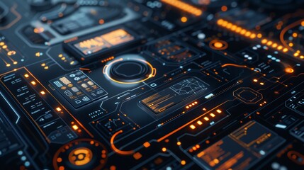 High-tech interface with holographic elements and floating digital icons. .