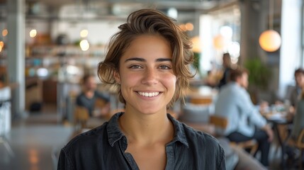 Obraz premium Young Woman Smiling Confidently in Cozy Cafe During Daytime Gathering With Friends