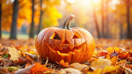 Jack-o'-lantern in Autumn Leaves.