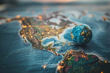 Small globe sits on world map, illuminated by golden light.