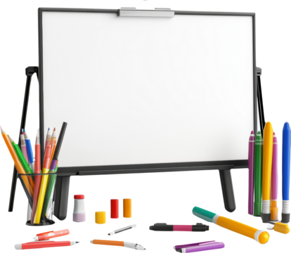 An organized desk setup including blank whiteboard, colorful pencils, markers, and various stationery items