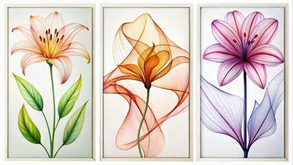 Set of three vertical poster abstract minimalistic  vein art  , set of lily flower
