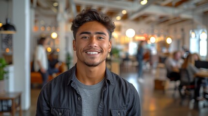 Obraz premium Young Man Smiling Cheerfully in Modern Open Office Space During Daytime