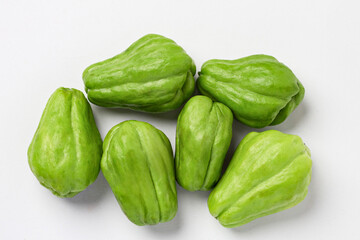 Fresh chayote (Sechium edule) isolated with clipping path and on white background, vegetables and fruits