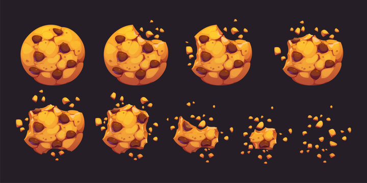 Crumble biscuit cookie animated sprite. Cartoon vector crunchy dessert with chocolate chips whole and bitten disappear animation. Isolated homemade bakery pieces, 2d gui elements sequence frame