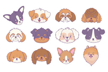 Cute portraits dogs of different breeds collection. Funny muzzle of chihuachua, mongrel, spitz, rottweiler, poodle, pinscher, Shih Tzu. Isolated cartoon kawaii animal. Vector illustration
