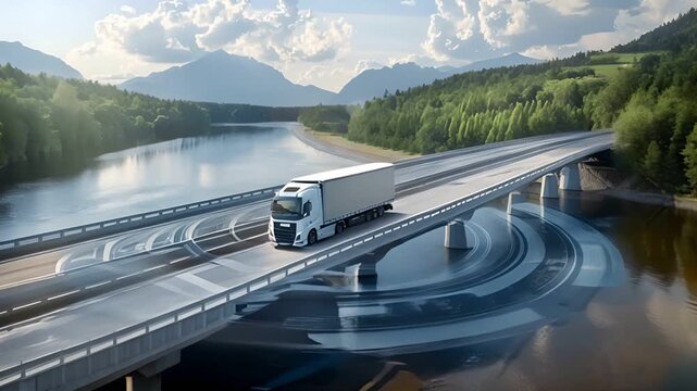 A white semi-truck drives on a highway bridge with blue technology lines around it, showcasing the future of autonomous driving.