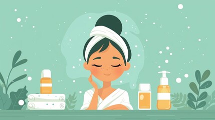 Cartoon vector person applying skincare products for a radiant complexion