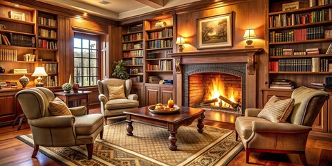 Naklejka premium Cozy fireplace room with warm fire, bookshelves, and comfy armchairs, comfortable, fireplace, room, warm, fire, bookshelves
