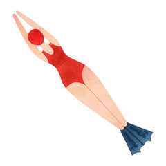 A woman swims underwater in fins and a mask. Watercolor isolated illustration for the design of diplomas and sports certificates, advertising of swimming pools, competitions and resorts.