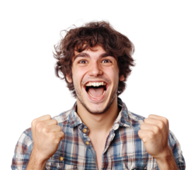 man, young guy screaming in excitement doing winner gesture with arms and fist raised, smiling