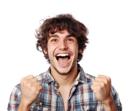 man, young guy screaming in excitement doing winner gesture with arms and fist raised, smiling