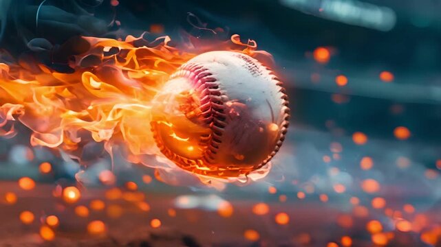 A fiery baseball soars through the air, leaving a trail of flames in its wake.