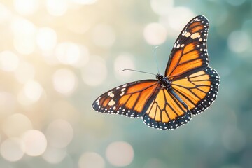 A beautiful monarch butterfly gracefully fluttering in a dreamy, soft-focus background filled with shimmering bokeh lights.