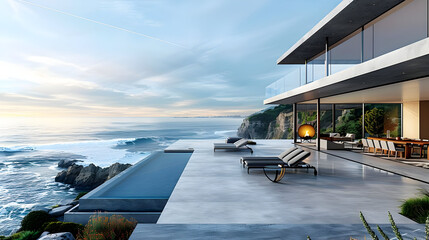 Modern Cliffside Home with Infinity Pool and Ocean View 3D Illustration