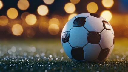 Fototapeta premium A close-up of a classic soccer ball resting on grass with shimmering bokeh lights in the background, symbolizing sports and excitement.