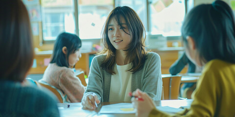 Fototapeta premium A group of students sitting around a table in a classroom, engaged in a discussion.