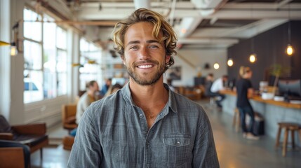 Obraz premium Young Man Smiling Happily Inside Modern Café During Daytime With Cozy Atmosphere
