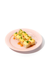 Baked Sushi Roll Topped with Cheese, Sesame, and Sweet Chili Sauce on Pink Plate
