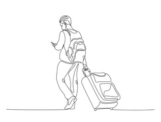 Continuous one line drawing of man holding smartphone and suitecase. Travel and holiday concept.