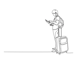 Continuous one line drawing of man holding smartphone and suitecase. Travel and holiday concept.