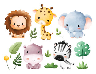Watercolor Illustration Set of Baby Safari Animals and Tropical Leaves